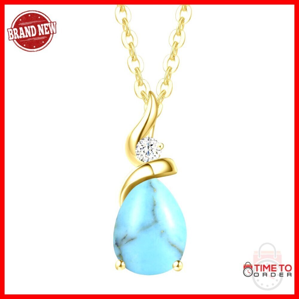 14K Yellow Gold Turquoise Pendant Necklace with Diamond Sterling Silver Chain